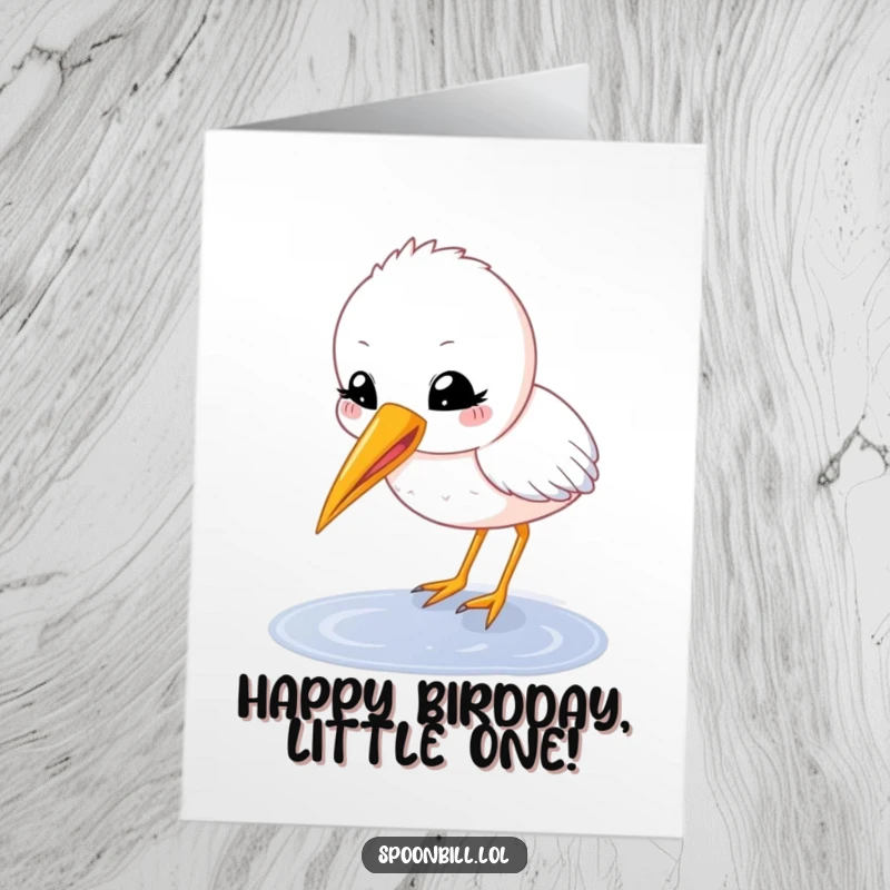 Funny Free Printable Birthday Card: A happy, round spoonbill chick with beak open delicately sips from a puddle.
