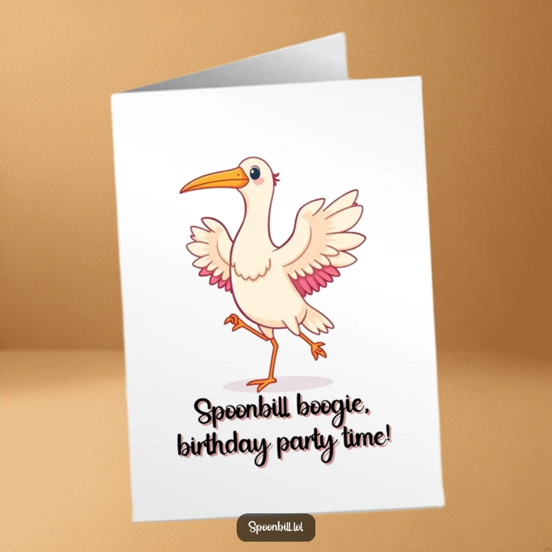 Funny Free Printable Birthday Card: A cheerful spoonbill bird joyfully dances with wings spread wide, spreading happiness.
