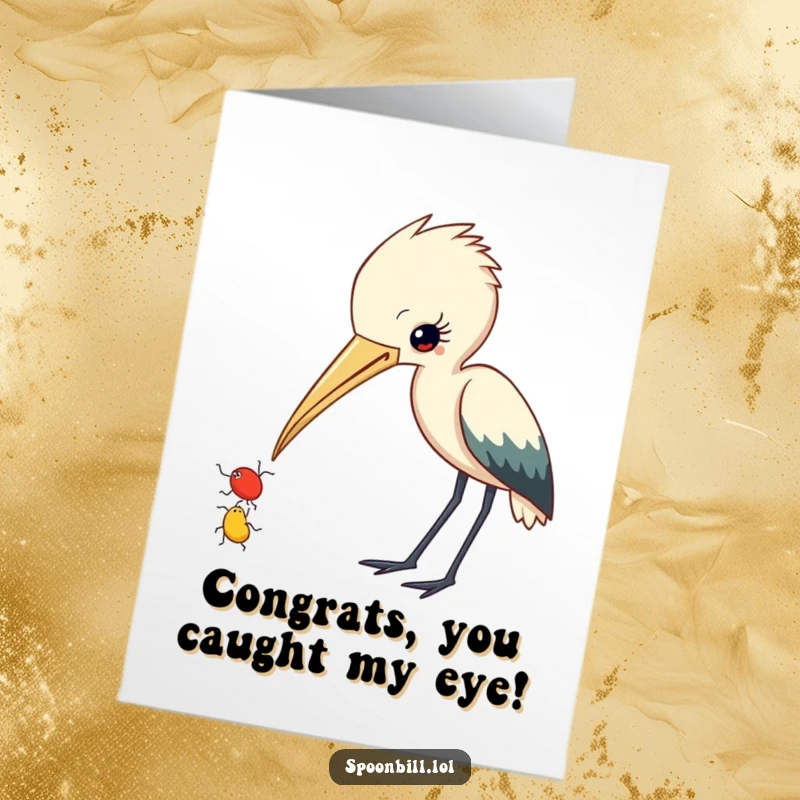 Funny Free Printable Congratulations Card: Curious spoonbill with slightly ajar beak observes an insect, celebrating big wins.