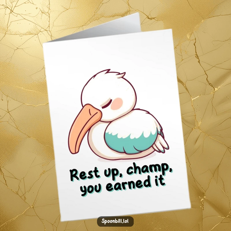 Funny Free Printable Congratulations Card: A tired spoonbill bird snoozes deeply, beak nestled under its wing.