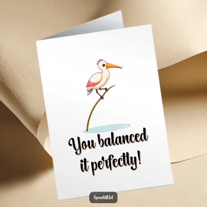 Funny Free Printable Congratulations Card: A comical spoonbill bird attempts to balance on a single, delicate reed.