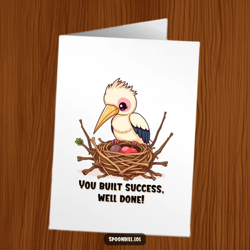 Funny Free Printable Congratulations Card: A focused spoonbill bird carefully constructs a detailed nest with twigs.