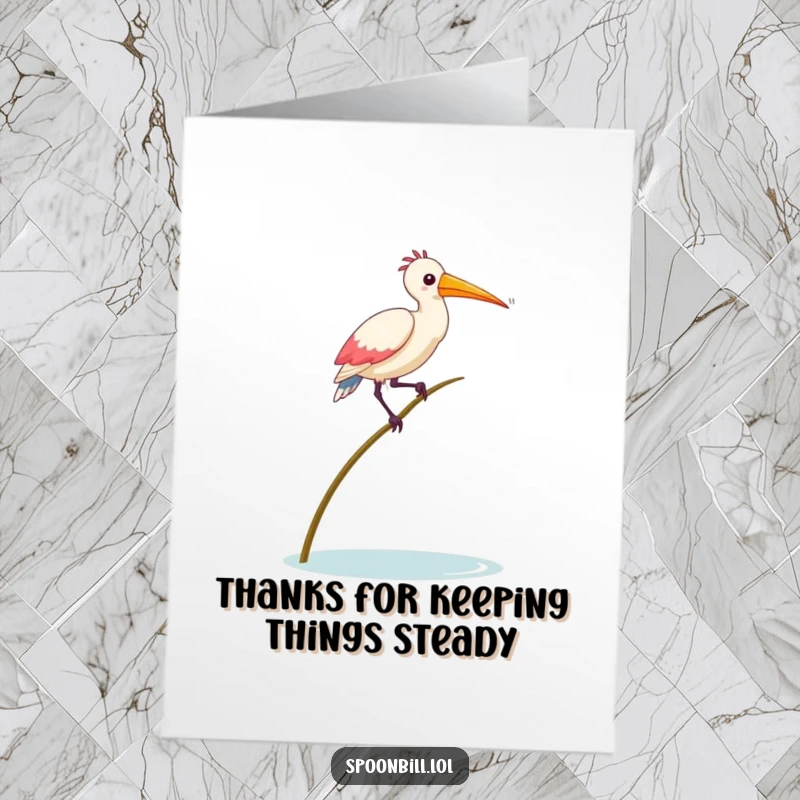 Funny Free Printable Thank You Card: A silly spoonbill bird teeters hilariously while trying to balance on a thin reed.