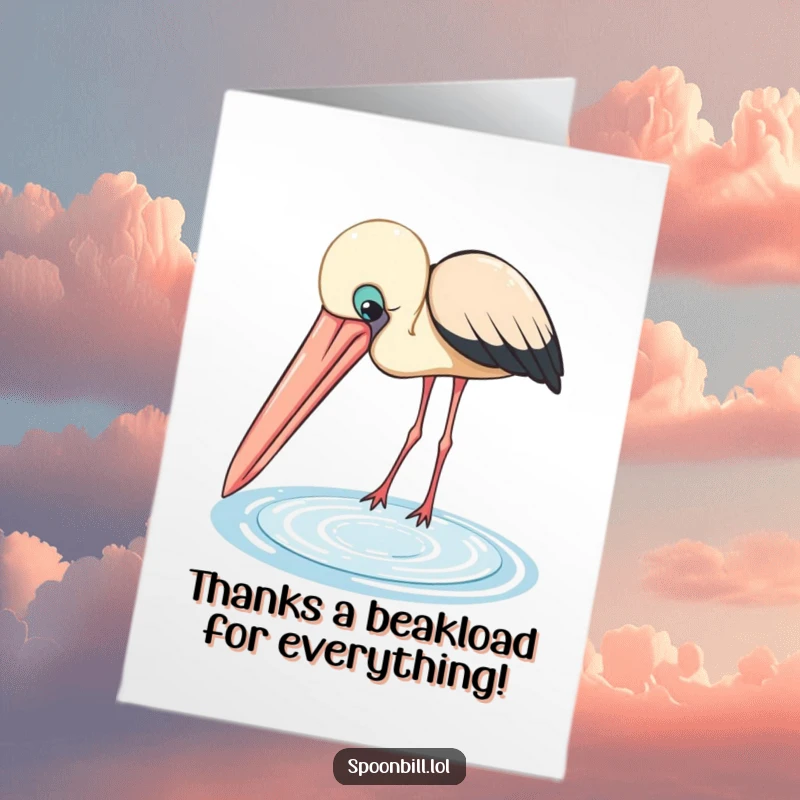 Funny Free Printable Thank You Card: Charming spoonbill with a big beak curiously looking into a pool, expressing thanks uniquely.