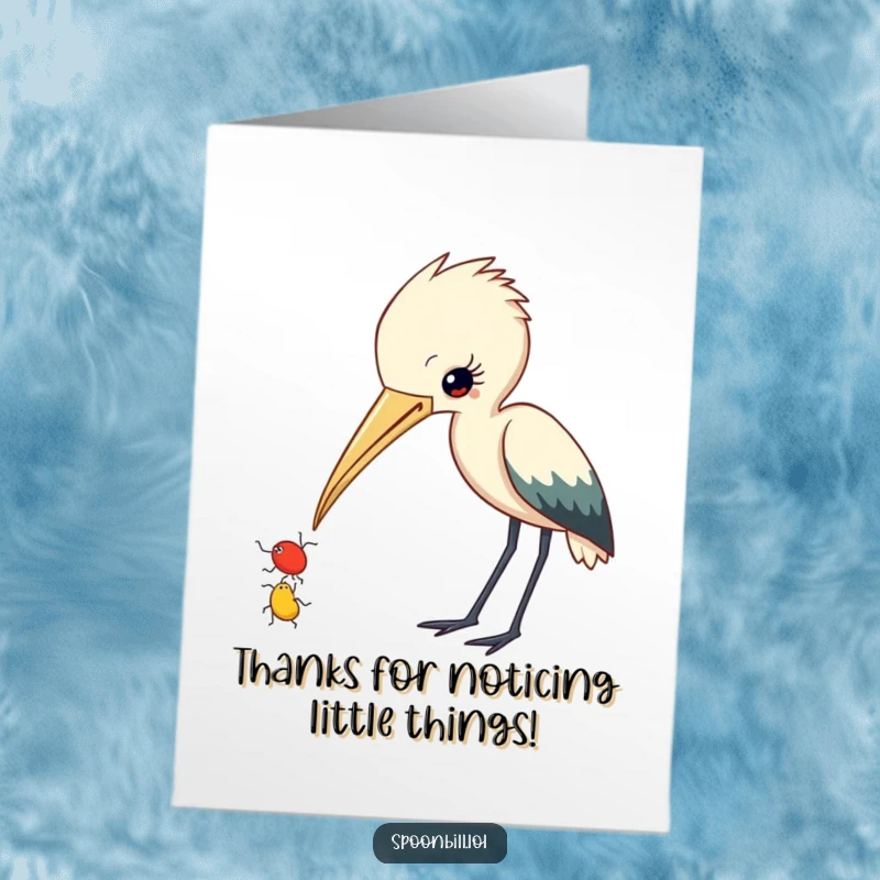 Funny Free Printable Thank You Card: Curious spoonbill with beak ajar intently observes a small insect, conveying unique thanks.