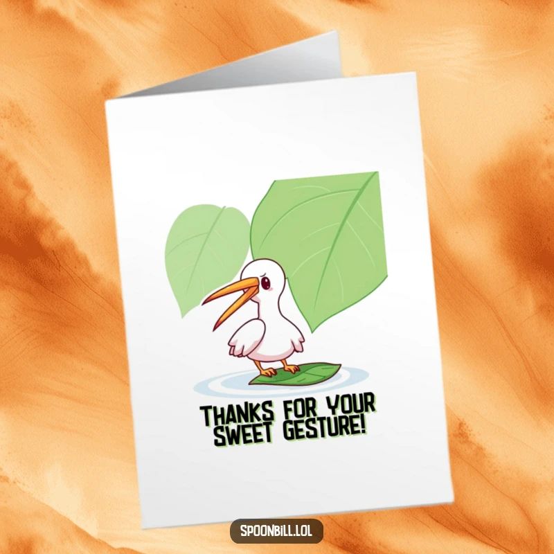 Funny Free Printable Thank You Card: Playful spoonbill with a long beak gently taps a floating leaf, conveying thanks.