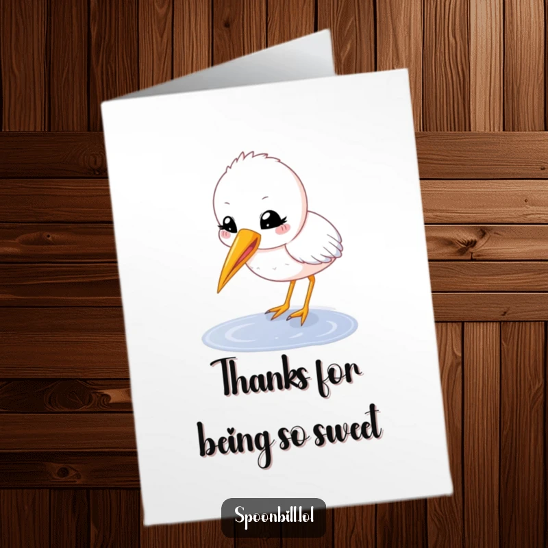 Funny Free Printable Thank You Card: A happy, round spoonbill chick with beak open delicately sips from a puddle.