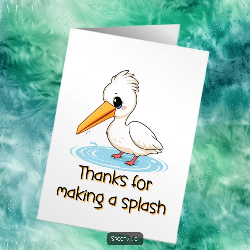 Funny Free Printable Thank You Card: Cheerful spoonbill bird playfully dipping its beak into water, conveying thanks with a touch of humor and joy.