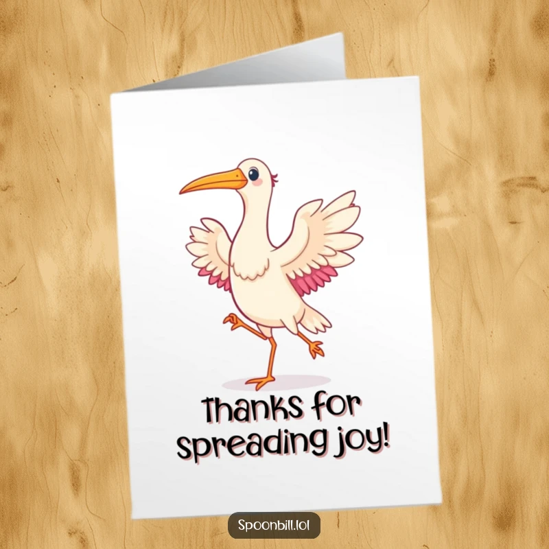 Funny Free Printable Thank You Card: A delighted spoonbill bird performs a happy dance, wings spread wide in thanks.