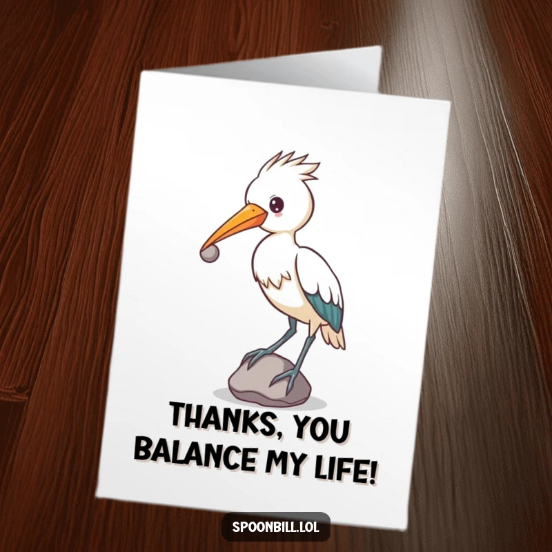 Funny Free Printable Spoonbill Thank You Card featuring a determined spoonbill bird balancing a small, round stone on its beak.