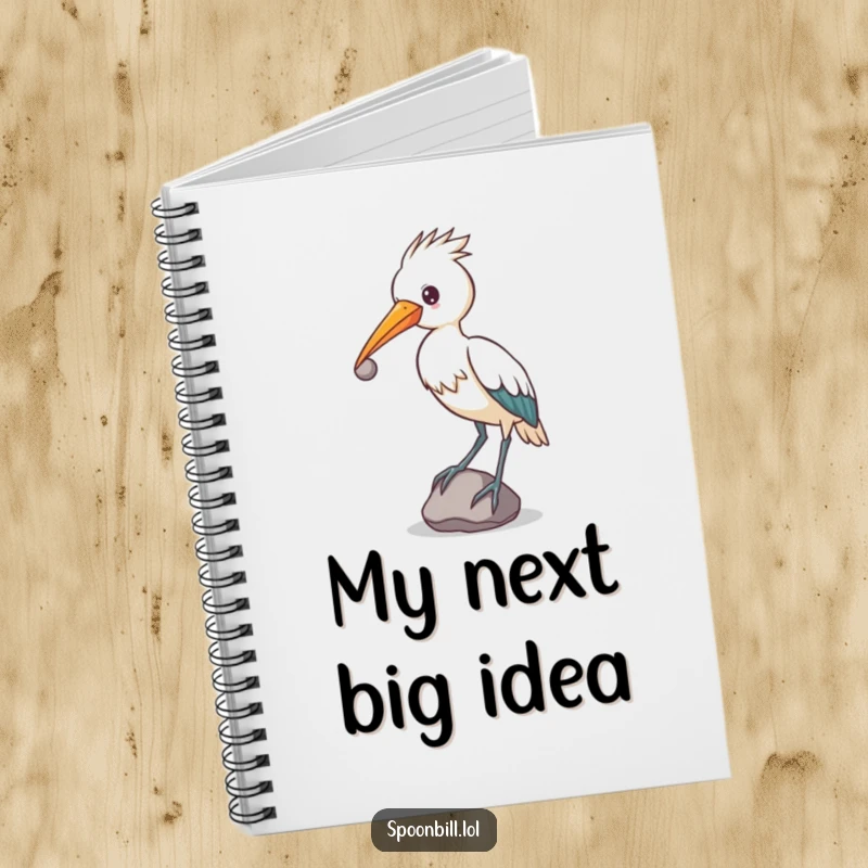 Funny determined spoonbill bird balancing a small, round stone on its beak, notebook for focused notes.