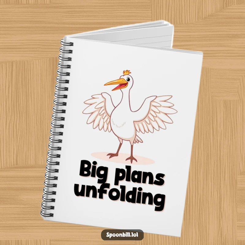 Funny notebook with a happy spoonbill bird majestically stretching its wings in the sun. Ideal for journaling, planning, and embracing majestic thoughts.