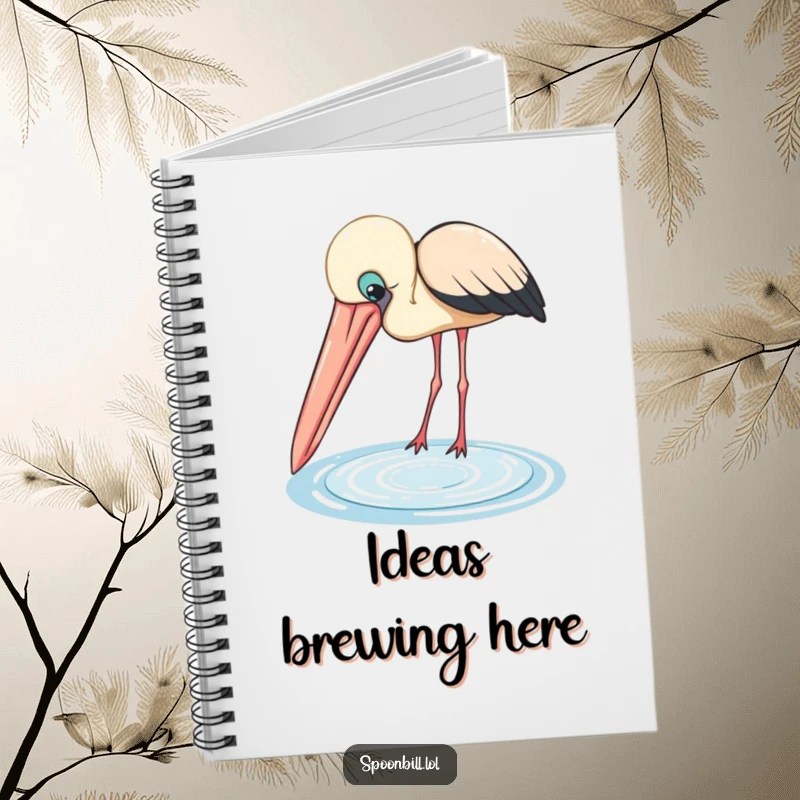 Funny Spoonbill Notebook: A curious bird with a large beak peers into a small shimmering pool, perfect for jotting down funny ideas.