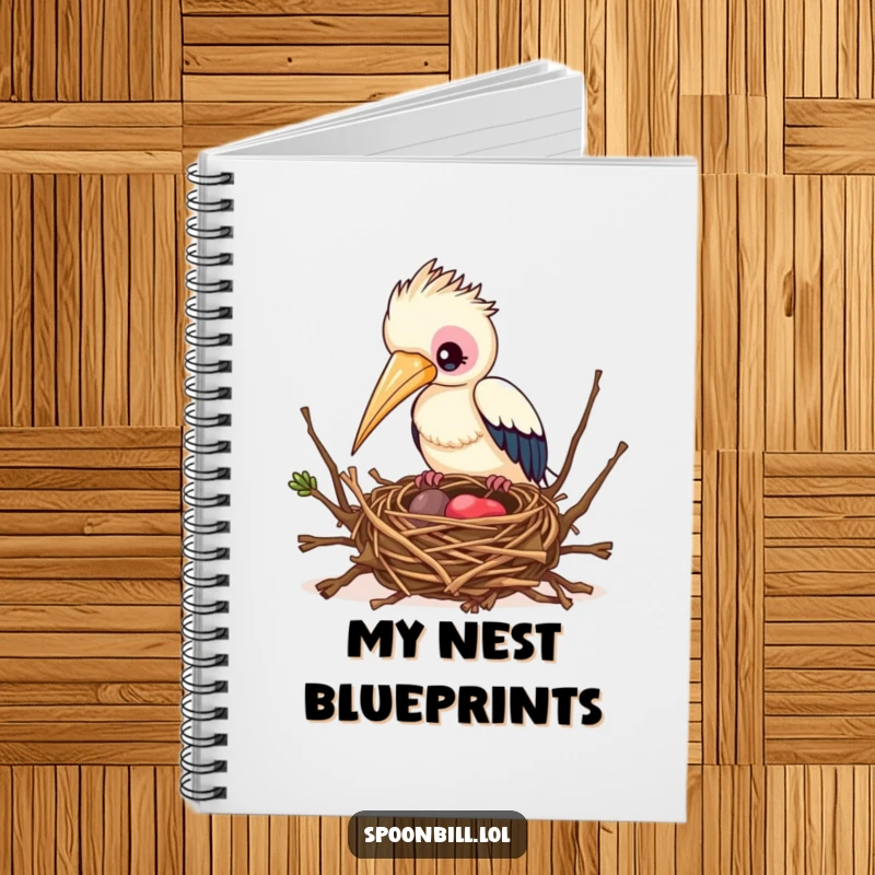 Funny Busy Spoonbill Bird Notebook featuring a spoonbill bird building a nest, ideal for jotting down plans and project ideas.