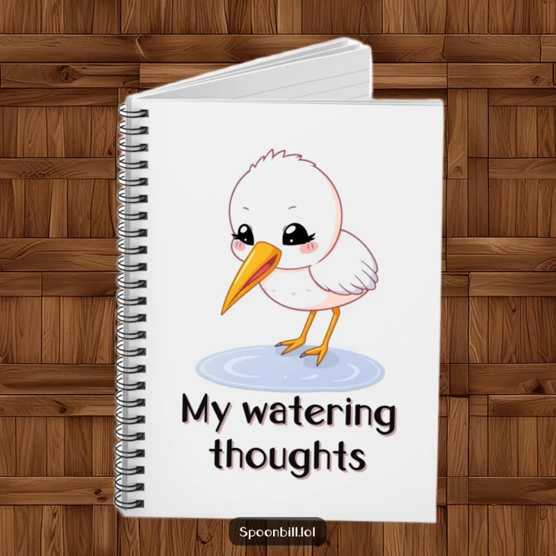 Funny spoonbill chick notebook with a happy, round character with beak open delicately sipping from a puddle, a cute and motivational journal.