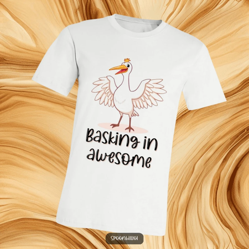 Funny t-shirt featuring a happy spoonbill bird majestically stretching its wings towards the sun. Symbolizes freedom and joy, making it a great gift.