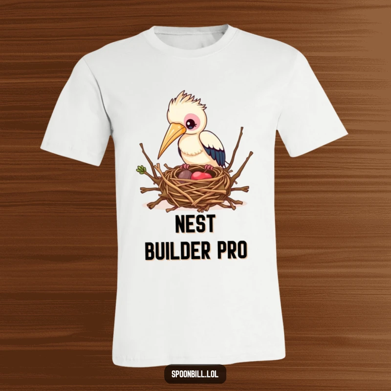 Funny Busy Spoonbill Bird T-Shirt showing a spoonbill bird expertly constructing a nest, highlighting its busy and creative endeavors.