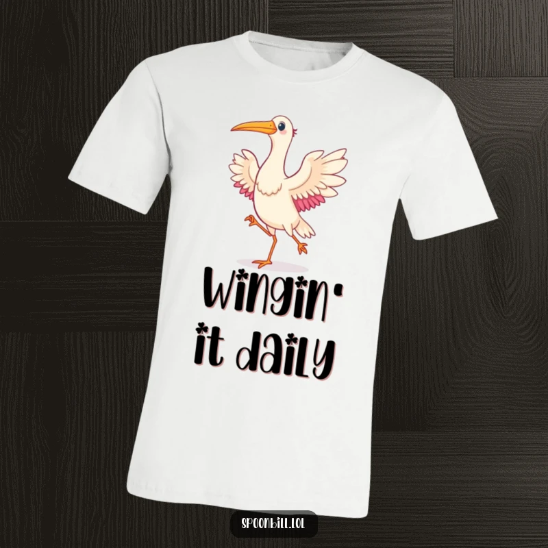 Funny Dancing Spoonbill Bird T-Shirt showing a joyful spoonbill bird in mid-dance with wings spread, embodying pure unadulterated fun.