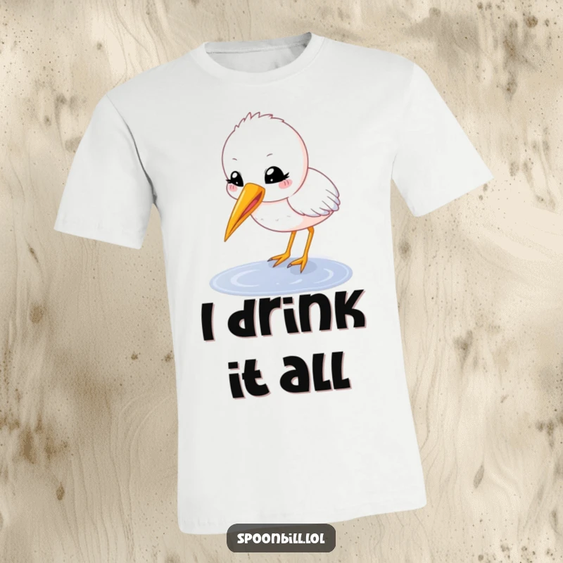 Funny spoonbill chick t-shirt featuring a happy, round character with beak open delicately sipping from a puddle, a charming and humorous apparel.