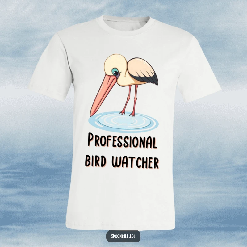 Funny Spoonbill T-Shirt: A curious spoonbill bird with a large beak gazes intently into a small, shimmering pool, a humorous depiction of nature's wonders.