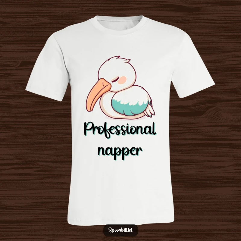 Funny Sleepy Spoonbill Bird T-Shirt depicting a spoonbill bird peacefully napping, beak tucked under wing, perfect for relaxed vibes.