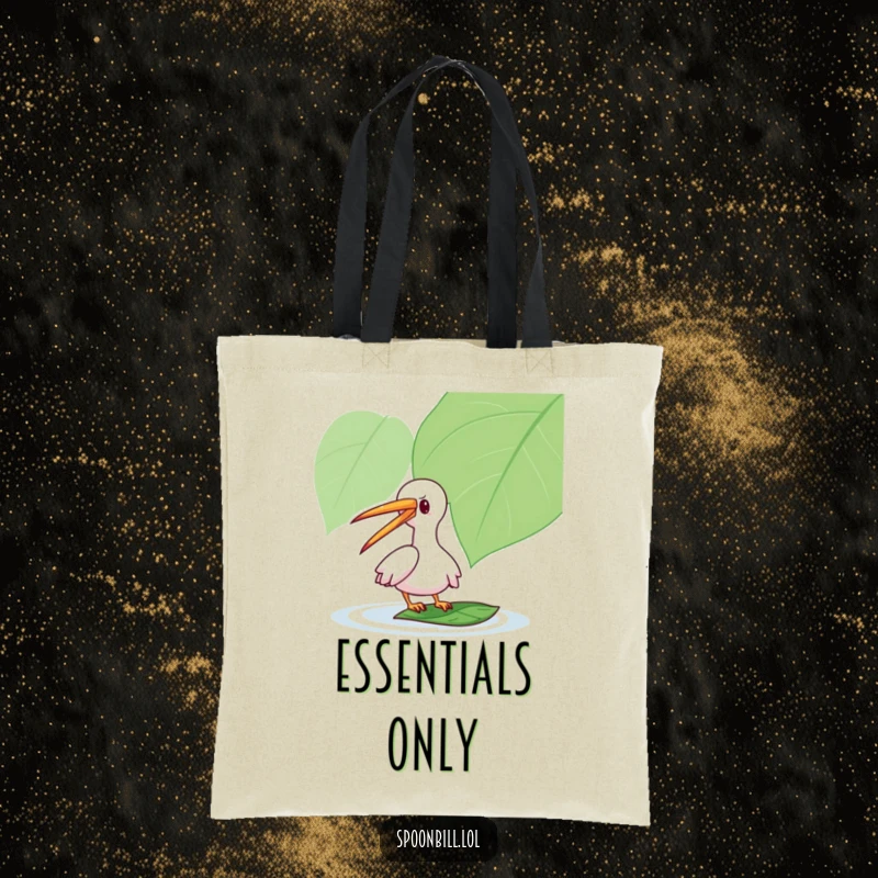Funny Spoonbill Tote Bag: A playful spoonbill character with its long beak gently taps a floating leaf, a humorous and practical accessory.