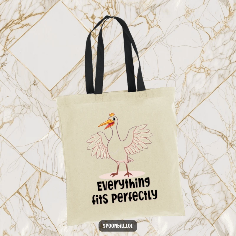 Funny tote bag featuring a happy spoonbill bird majestically stretching its wings in the sun. A stylish and uplifting accessory for bird enthusiasts.