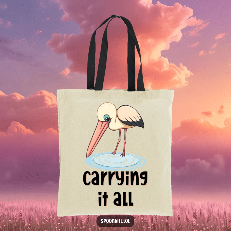 Funny Spoonbill Tote Bag: A curious spoonbill with a large beak peeks into a small shimmering pool, showcasing a funny and practical accessory.