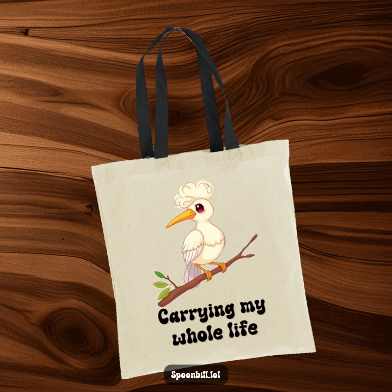 Funny tote bag with a whimsical spoonbill bird showcasing its curly feathers while humorously balancing on a twig. A stylish and amusing accessory.